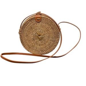 Handwoven Rattan Round Crossbody Shoulder bag. Paisley poly inside.